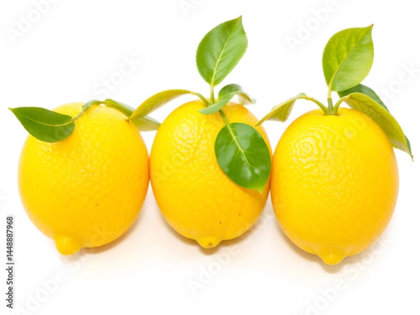 Obraz Fresh yellow lemons with green leaves isolated on white background. Generative AI