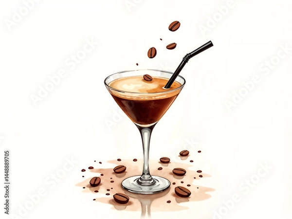 Obraz Espresso martini cocktail in glass with coffee beans and straw, minimal style. Generative AI
