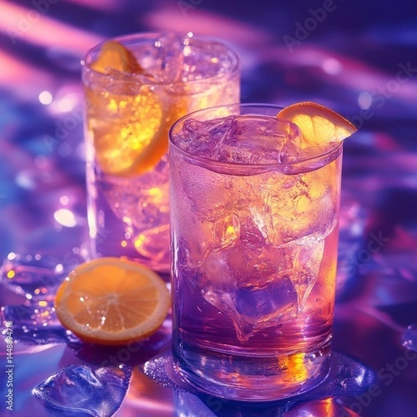 Fototapeta Two Elegant Highball Glasses Filled with Bubbly Beverages Garnished with Lemon Slices on a Reflective Surface Under Purple Light