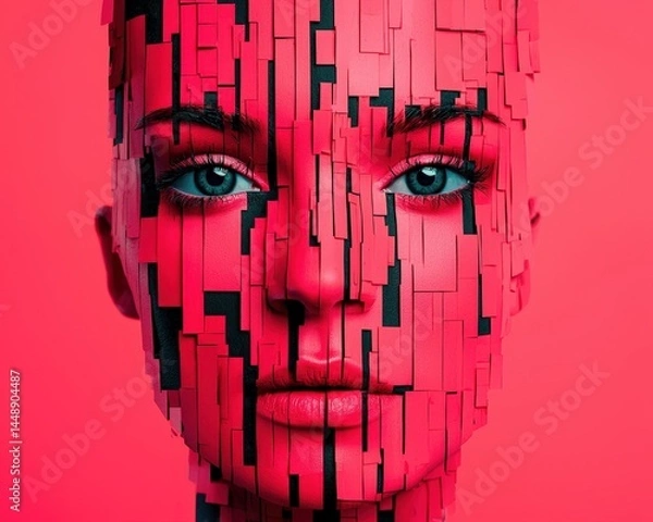 Fototapeta A woman's face fragmented into vertical, geometric strips with a vivid red background, creating a futuristic and abstract visual effect.