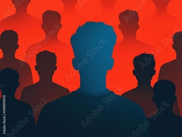 Obraz A lone blue silhouette stands out among a crowd of red and black figures, symbolizing individuality and identity in a group.