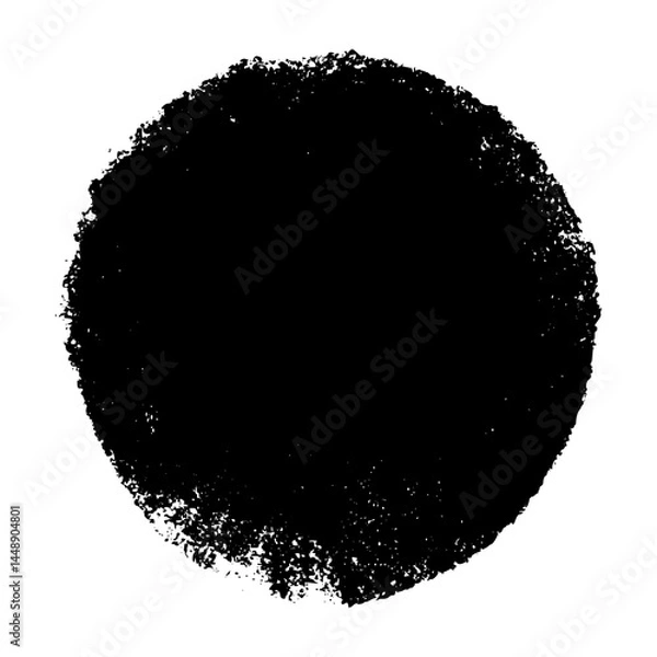 Fototapeta Abstract round brush stroke with rough ink texture and paint splash. Circular stamp shape for graphic design and logos. Flat vector illustration isolated on white background.