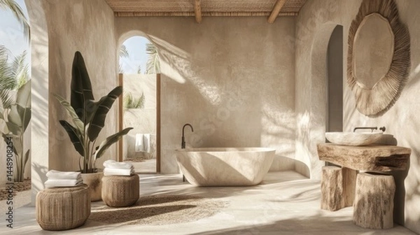 Fototapeta Coastal spa bathroom interior design with natural elements.
