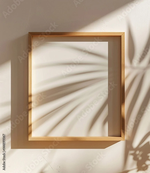 Fototapeta Empty wooden frame mockup on a white wall with natural sunlight shadows.