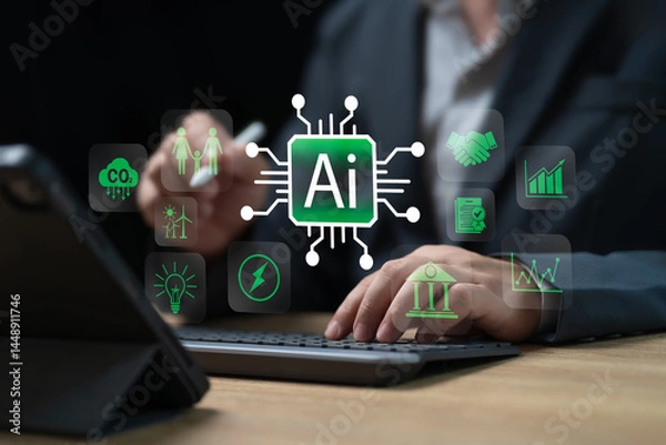 Obraz AI analyse global warming, Ethics in resource protection concept, Businessman use AI analyse environmental conditions and impacts, Green business, green economy, sustainable environmental development