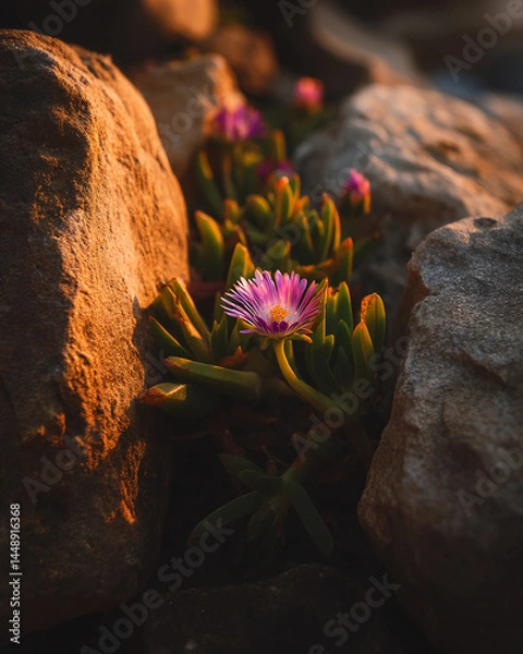 Fototapeta A small purple flower is growing in between the rocks