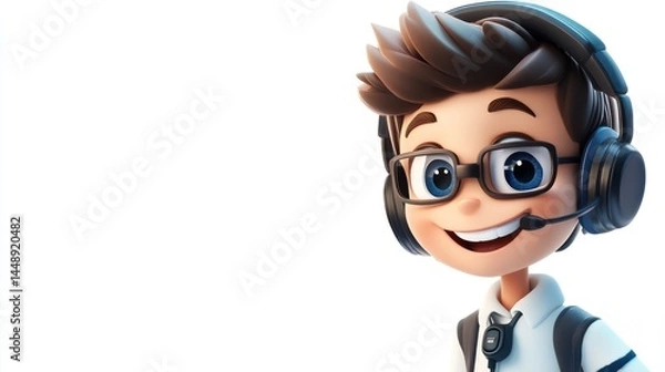 Obraz A cheerful animated character wearing headphones and glasses perfect for gaming customer serv