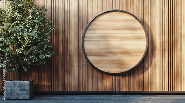 Obraz Circular Mockup Signboard on Wooden Wall for Branding and Advertising