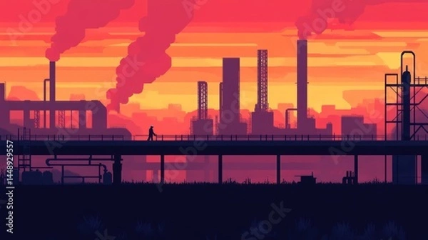 Fototapeta Sunset Over Industrial Landscape: A lone figure walks along a bridge overlooking a sprawling industrial complex at sunset