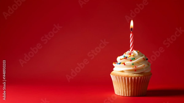 Obraz Birthday cupcake with candle on red background. Celebration theme