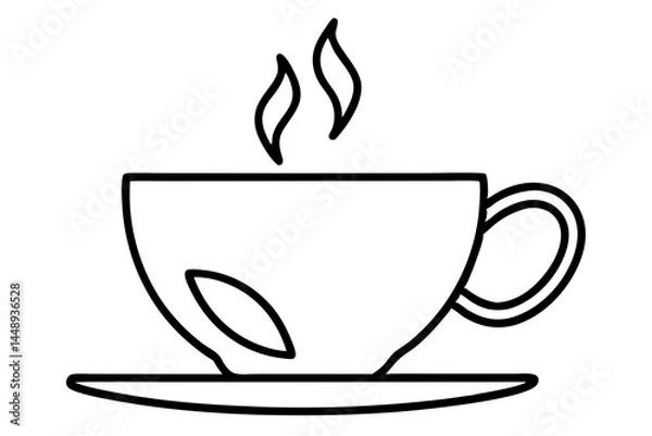 Fototapeta Morning Coffee Contour: A simplistic line drawing showcases a steaming cup of coffee resting on a matching saucer, perfect for illustrating warmth and morning rituals. 