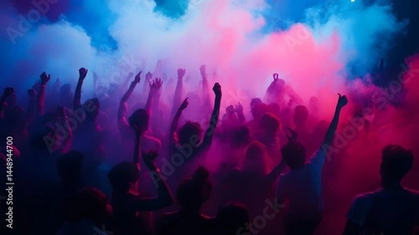 Fototapeta Silhouetted crowd of people dancing and enjoying themselves at a vibrant concert or club. Pink and blue neon lights create an energetic atmosphere, filled with smoke and raised hands.