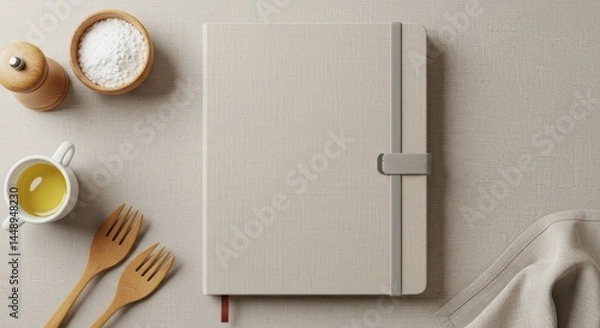 Fototapeta Beige Notebook with Kitchenware on Neutral Fabric