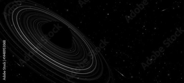 Fototapeta Black hole concept with ring around and starry sky. Minimalistic abstract backdrop. Concentric rings in space. Black outer space. Astronomy presentation cover. Vector illustration