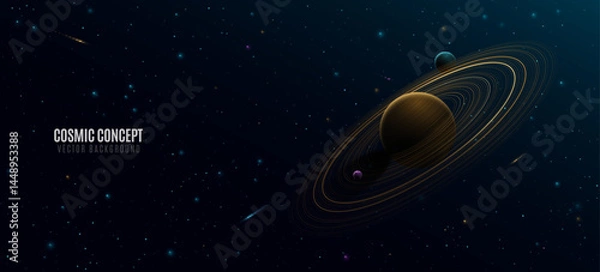 Fototapeta Abstract planet Saturn with ring around and colorful glowing starry sky. Black outer space concept. Deep cosmos. Scientific presentation backdrop. Vector illustration