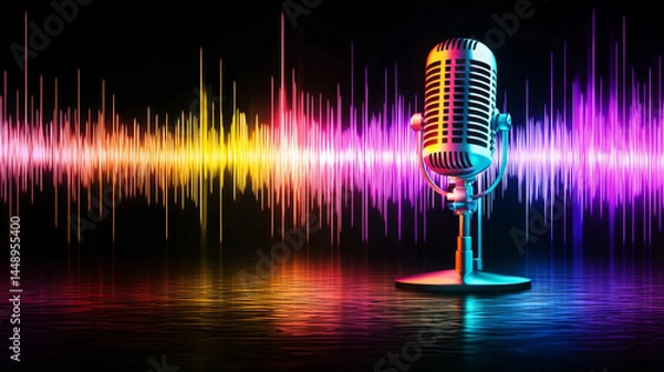 Obraz Vibrant microphone stands against colorful sound wave backdrop, capturing essence of music and performance