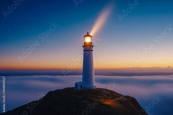 Fototapeta A serene lighthouse beams through the mist at sunset, guiding ships from atop a peaceful coastal hill