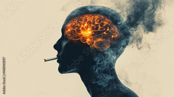 Fototapeta A silhouette of human head with burning cigarette replacing brain, symbolizing harmful effects of smoking on mental health and cognition