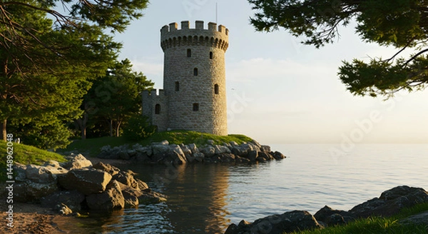 Fototapeta Scenic View of Stone Tower by Tranquil Lake with Lush Greenery