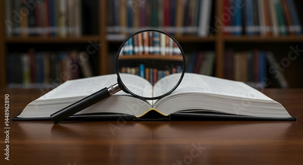 Fototapeta Close-Up View of Open Book with Magnifying Glass on Wooden Table