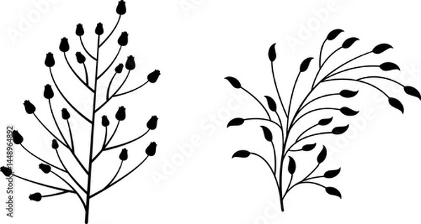 Obraz Set collection vector illustration of silhouette black and white bush, tree, flower, leaf, branch clip art