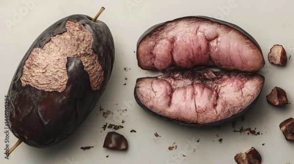 Fototapeta Spoiled fruit halves on light surface