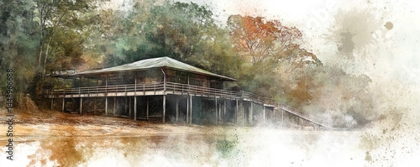 Fototapeta A wooden house with a porch and a bridge leading to it. The house is surrounded by trees and the water is calm