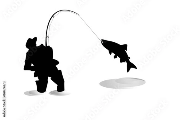 Fototapeta Silhouette of fisherman with salmon