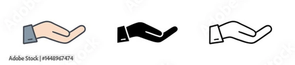 Obraz Open palm up gesture shown in three distinct graphical styles, symbolizing request or offering of assistance, care, or charity. on a transparent background