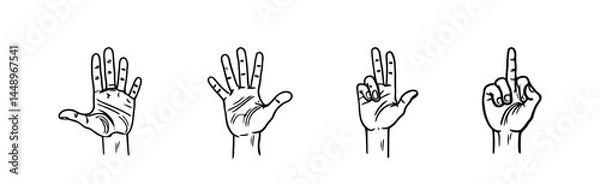 Fototapeta Line drawing shows a set of four hands gesturing the numbers five, four, two, and one finger pointing up on a transparent background