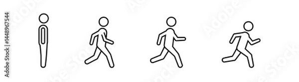 Obraz Progression of simple outlined stick figure icons depicting walking motion from standstill to full run, motion sequence. on a transparent background