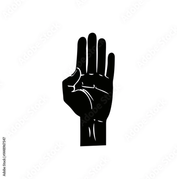 Fototapeta Bold black silhouette of an open hand showing four fingers extended upwards in a straightforward manner on a transparent background