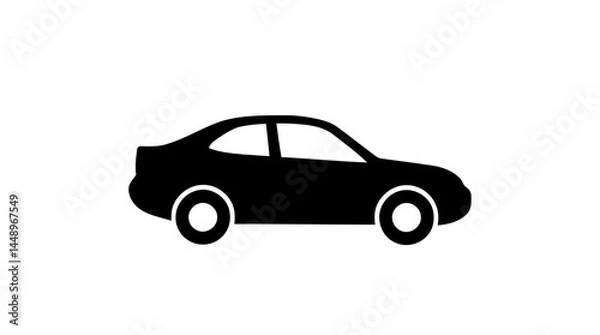 Fototapeta Simple black sedan vehicle silhouette, side view, with round tires and curved roof, vector icon, for mobile apps and infographics on a transparent background
