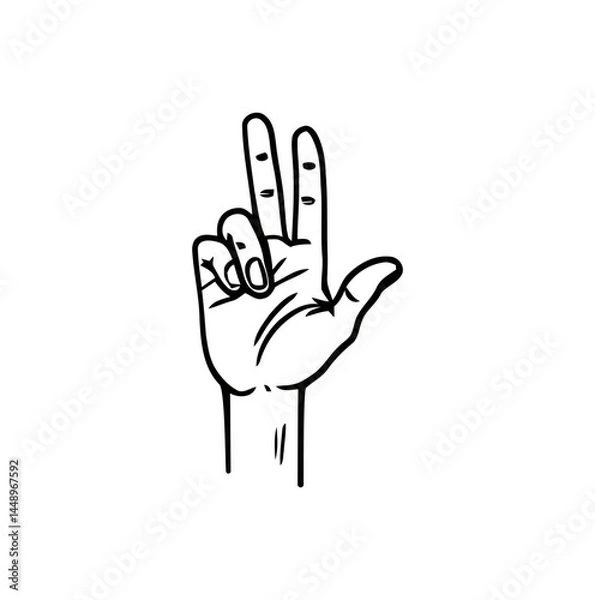 Fototapeta Hand gesture with two fingers raised, forming number three or a peace sign in a black outline drawing, human arm sketch on a transparent background