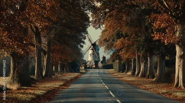 Fototapeta Autumnal lane with windmill