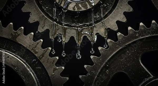 Obraz Close-up of Oiled Interlocking Industrial Gears with Dripping Metallic Liquid - Machinery Detail Stock Photo / Illustration