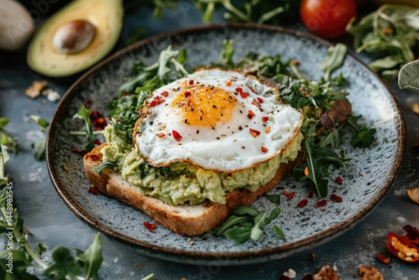 Fototapeta Avocado toast with fried egg