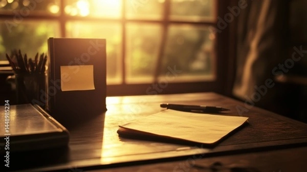 Fototapeta Warm Morning Light Illuminates Cozy Workspace with Notebook and Pen