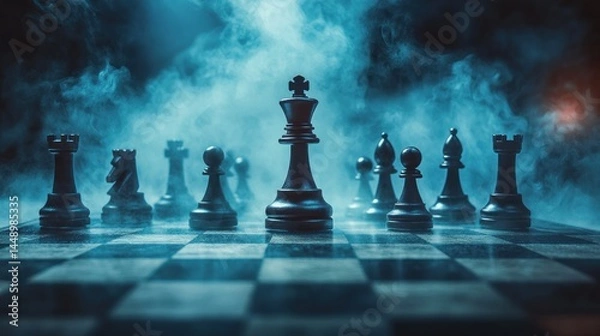 Fototapeta conceptual chessboard setup displaying strategic game of black chess pieces enveloped in a mystical atmospheric haze evoking mental acuity