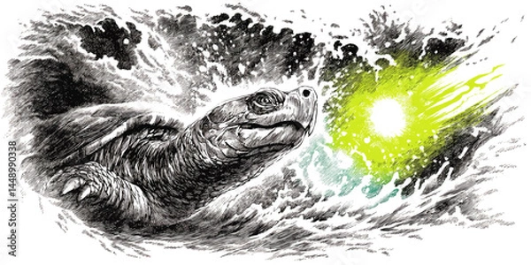 Fototapeta Majestic Sea Turtle Ink Drawing with Vibrant Splash of Colorful Abstract Beam – Artistic Wildlife Illustration Concept