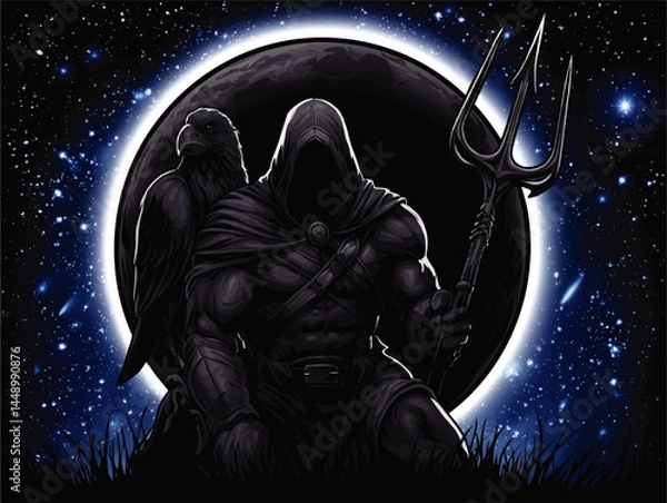 Fototapeta Dark Hooded Warrior with Trident and Raven Silhouette in Outer Space, Solar Eclipse Night Fantasy Artwork, Mysterious Epic Scene