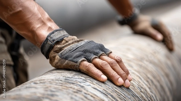 Obraz Close-up, worker's hand in worn gloves, touching large pipe, suggesting manual labor.