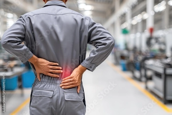 Obraz A factory worker holds his sore back, highlighted in red, indicating pain, from injury or strain.