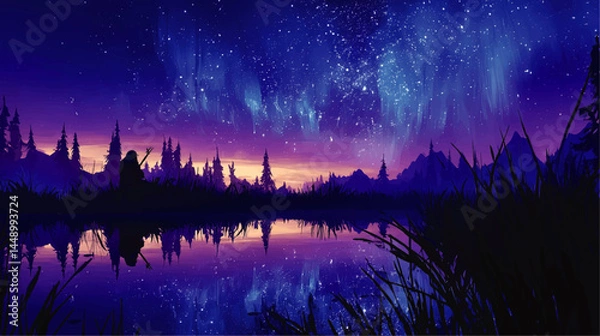 Fototapeta Tranquil Lake Under Starry Night Sky, Aurora and Silhouette of Man with Staff in Pine Forest, Beautiful Digital Landscape Art