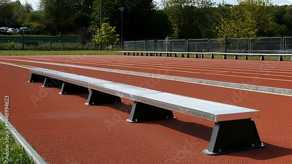 Fototapeta Metal track and field starting blocks on red running track.