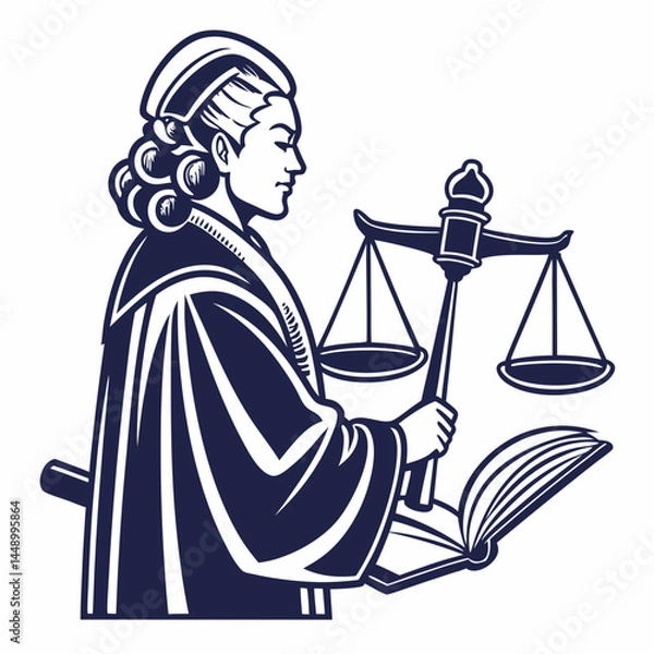 Fototapeta Judge Holding Scales Of Justice And Law Book In Simple Vector