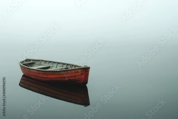 Fototapeta Small boat on still water in misty fog