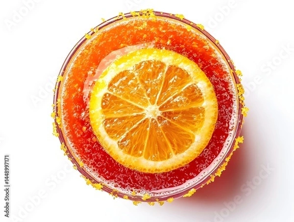 Obraz A refreshing summer beverage in a glass garnished with a lemon slice and sugared rim is shown from above.