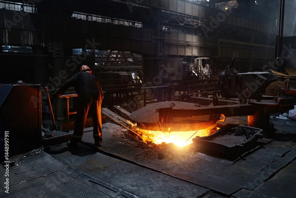 Obraz Metallurgists taking samples of liquid molten metal