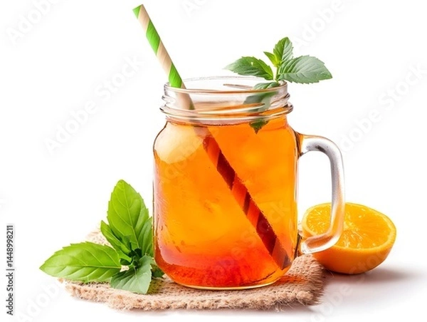 Obraz Refreshing iced tea with orange and mint in a mason jar glass with a paper straw on burlap.